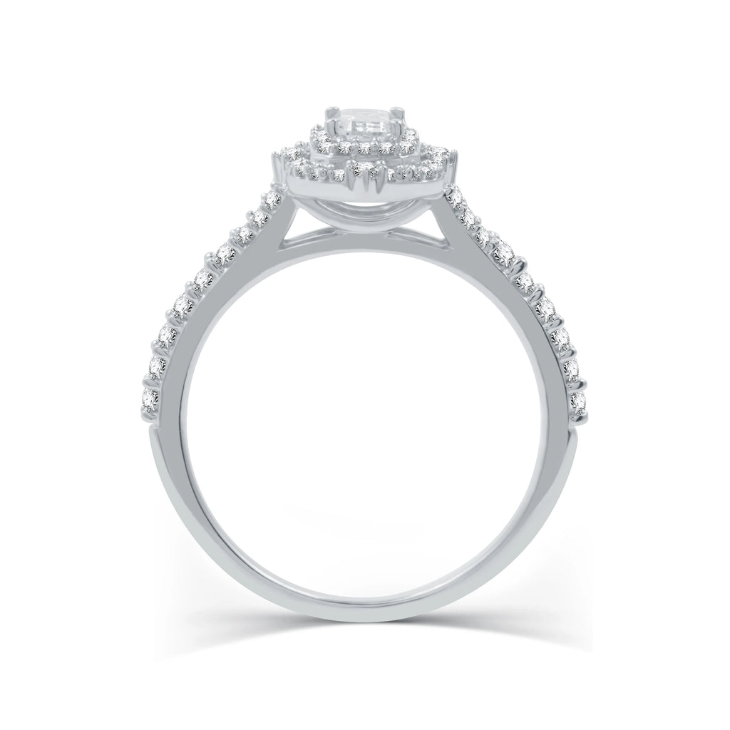Emerald Shape Solitaire Halo Engagement Ring in Sterling Silver W316