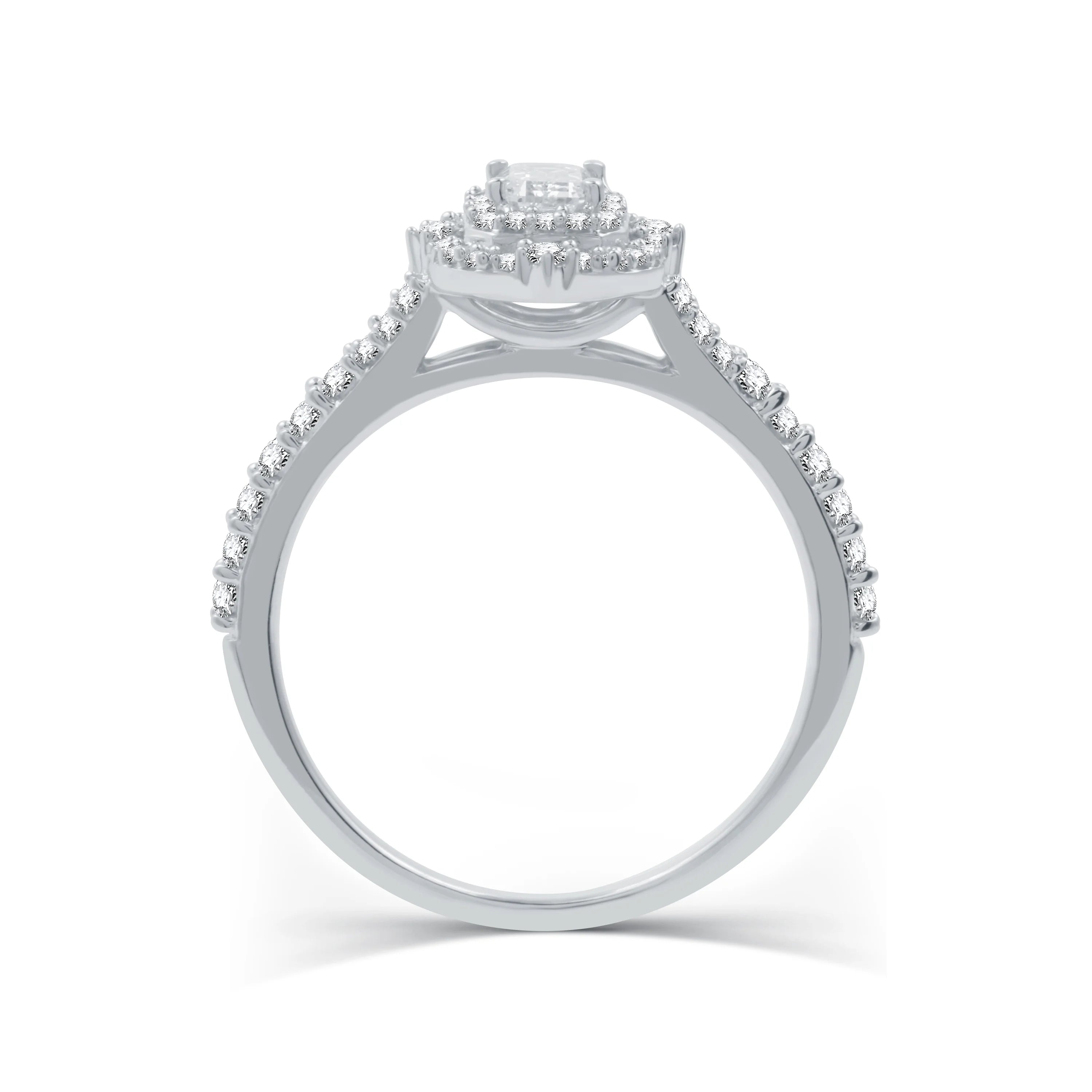 Emerald Shape Solitaire Halo Engagement Ring in Sterling Silver W316