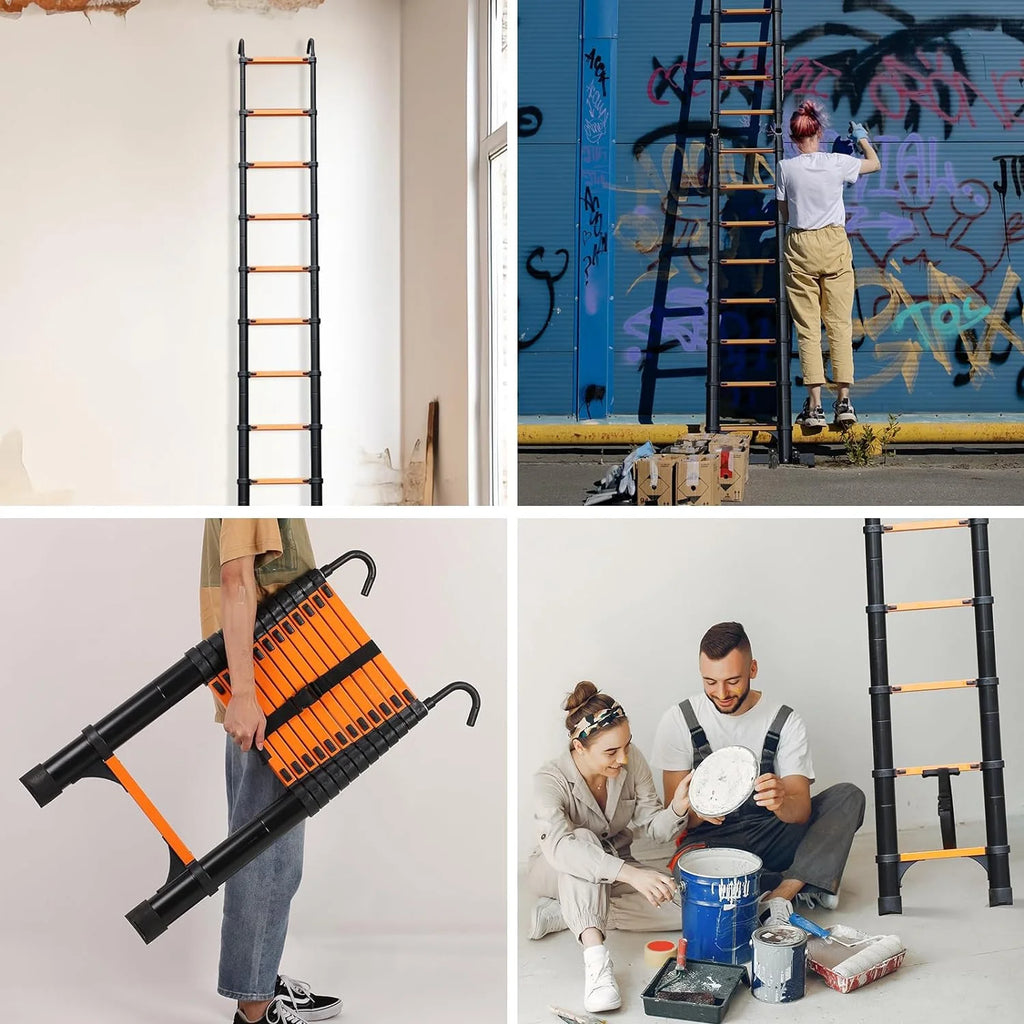 Telescoping Ladder 10.5 FT Aluminum with 2 Detachable Roof Hooks and 2 Triangle Stabilizers R80278