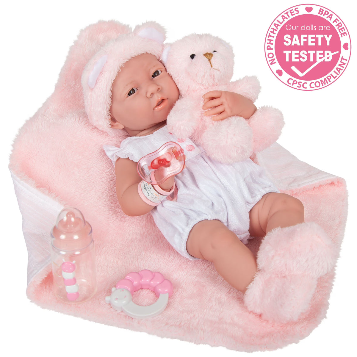 15 inch All-Vinyl Baby Doll In Pink And White With Deluxe Accessories B2322
