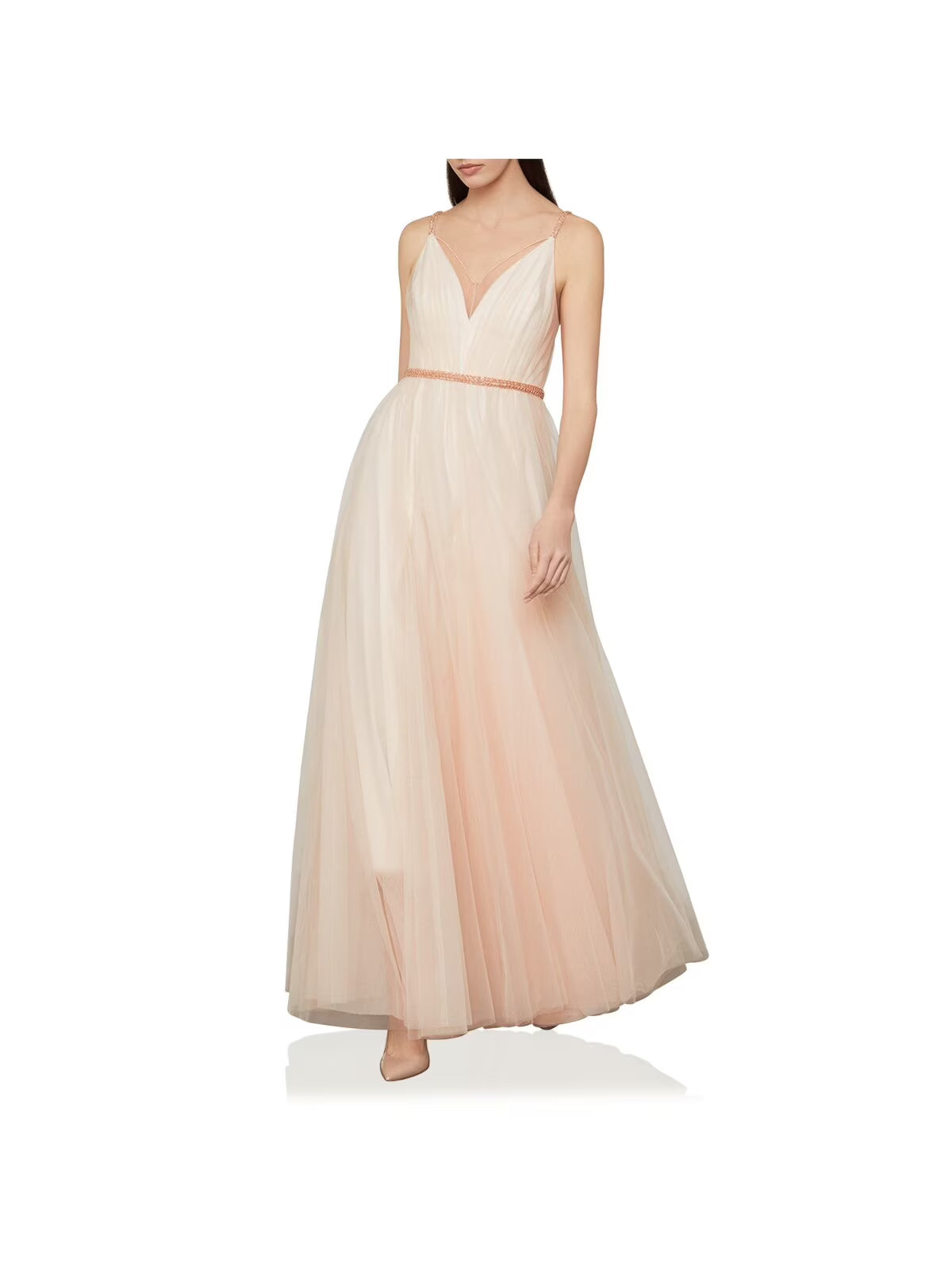 Pink Beaded Spaghetti Strap V Neck Full-Length Prom Gown Dress S2603