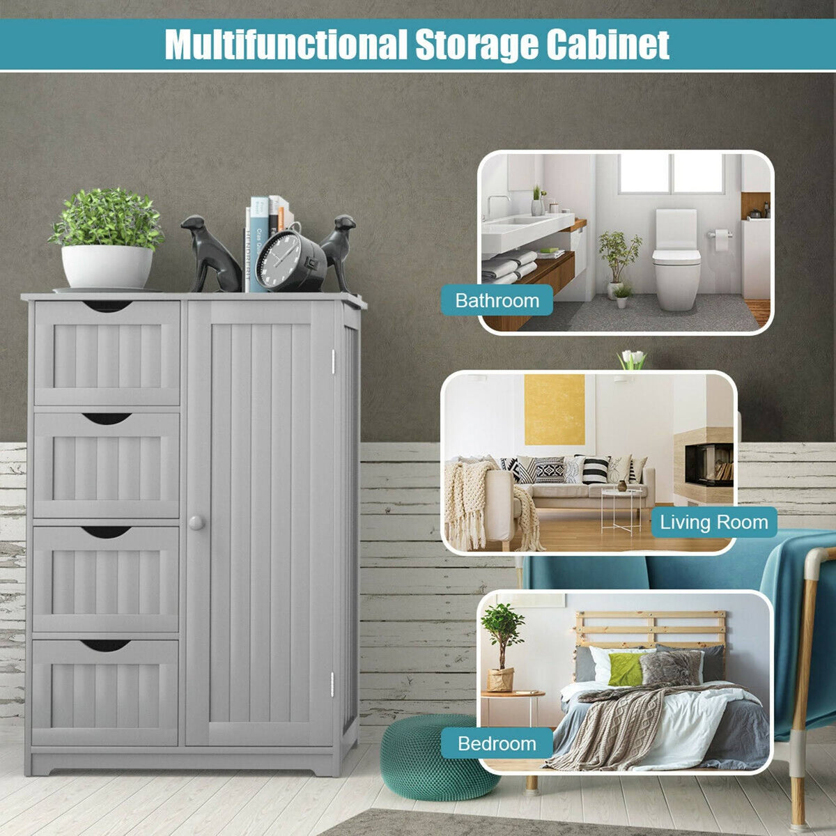Grey Wooden 4 Drawer Bathroom Floor Cabinet E557