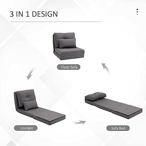 Convertible Flip Chair Floor Lazy Sofa Folding Upholstered Couch Bed with Adjustable Backrest Metal Frame and Pillows Dark Grey E81073
