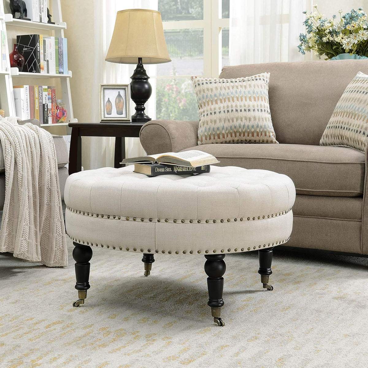 White Linen Ottoman with Caster Wheels O5840