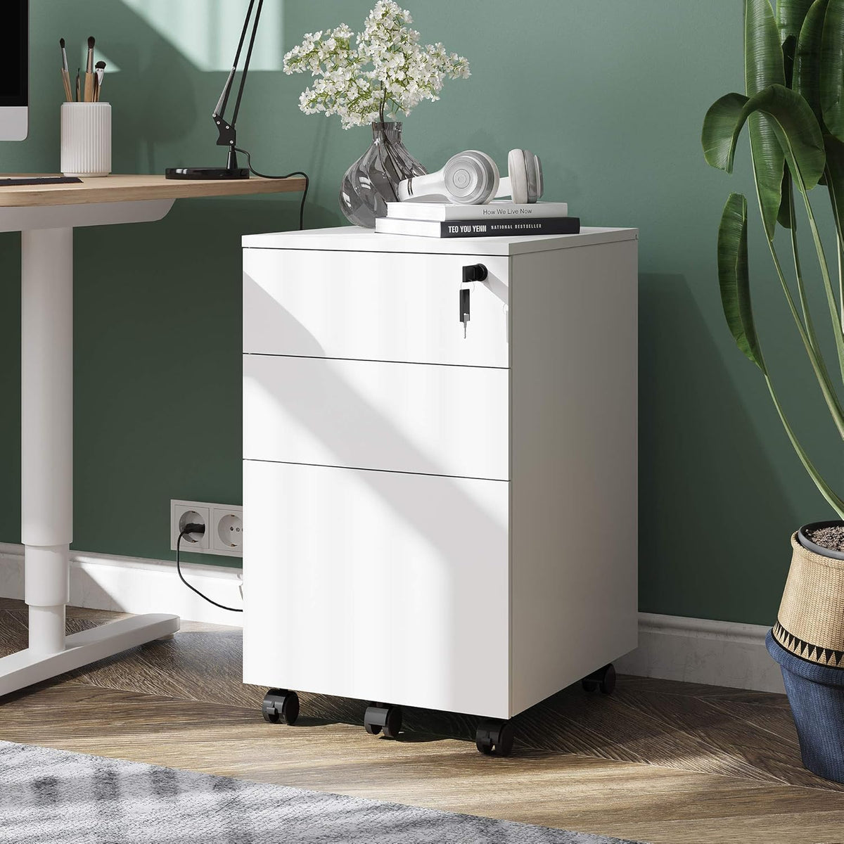 White 3 Drawer Rolling File Cabinet with Lock A38319