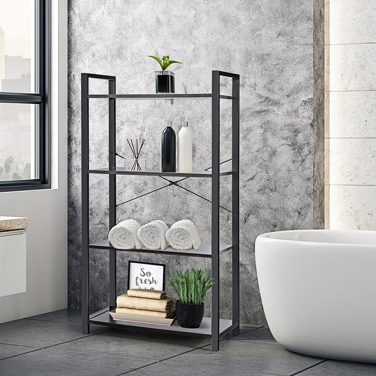 4-Tier Industrial Bookshelf Storage - Brown O694