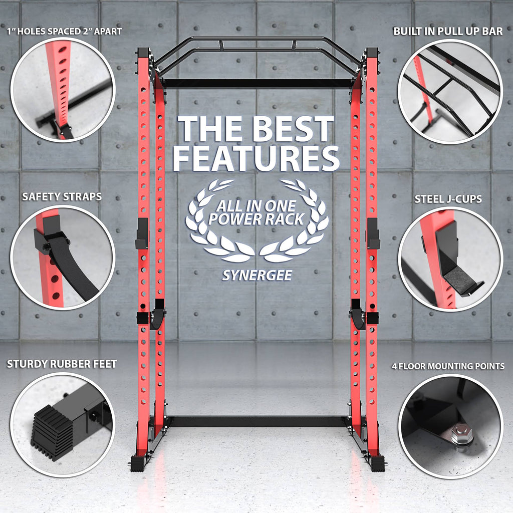 Black Red Steel Power Rack with Pull Up Bar J70092