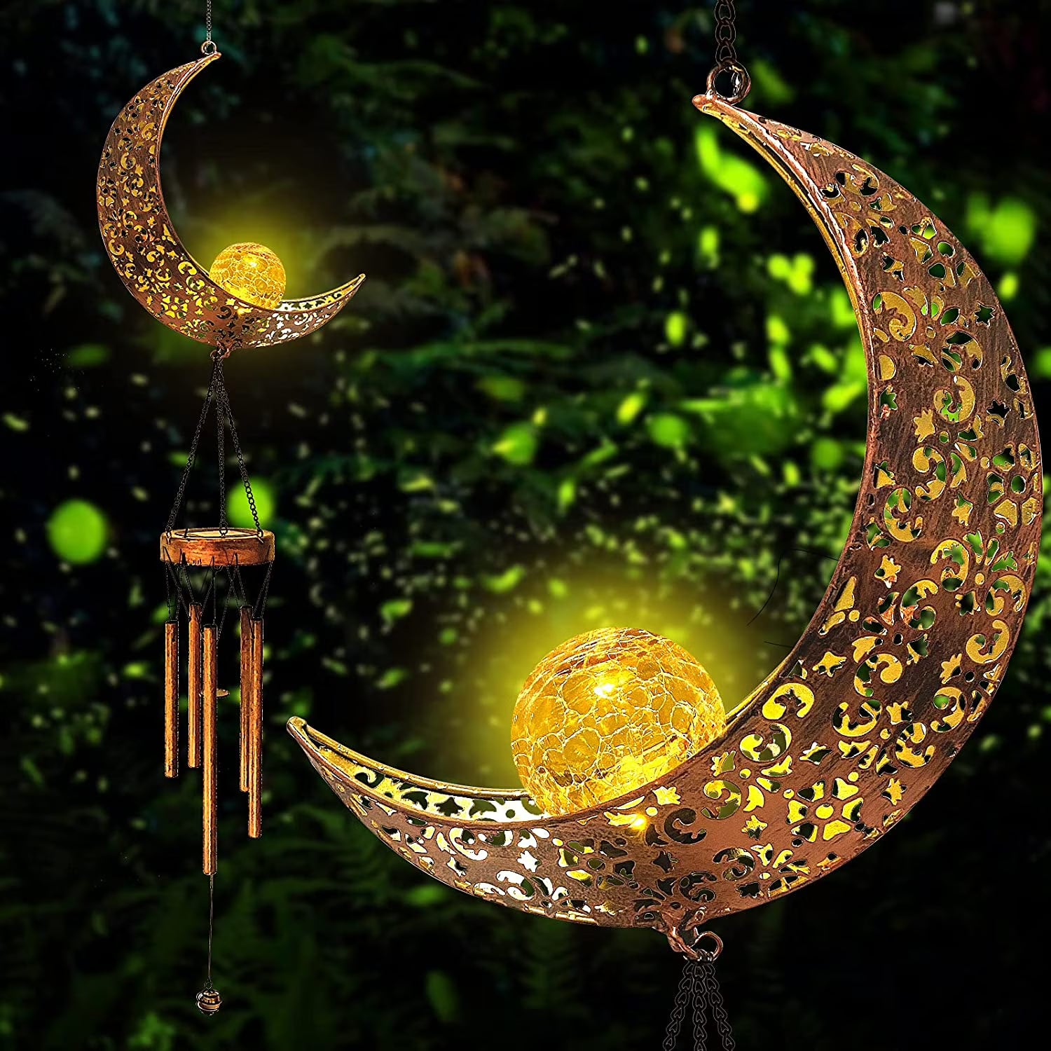 Retro Brass Metal Moon Crackle Glass Solar Wind Chimes LED Lights H85552