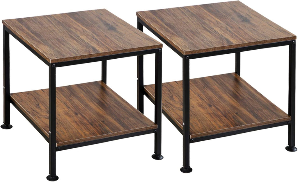 Rustic Brown 2 Tiers Square End Table with Metal Frame, Set of 2 U842