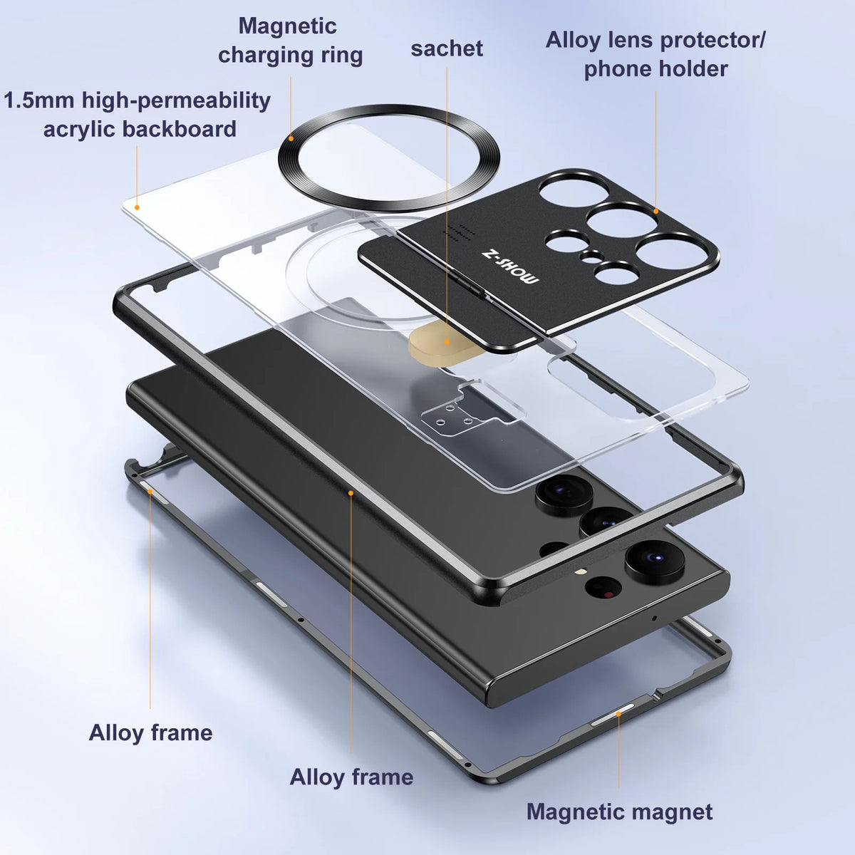 Rugged Aluminum Alloy Metal Case with Acrylic Clear Back Camera Lens Protective Cover Magnetic MagSafe Shockproof Case D60997