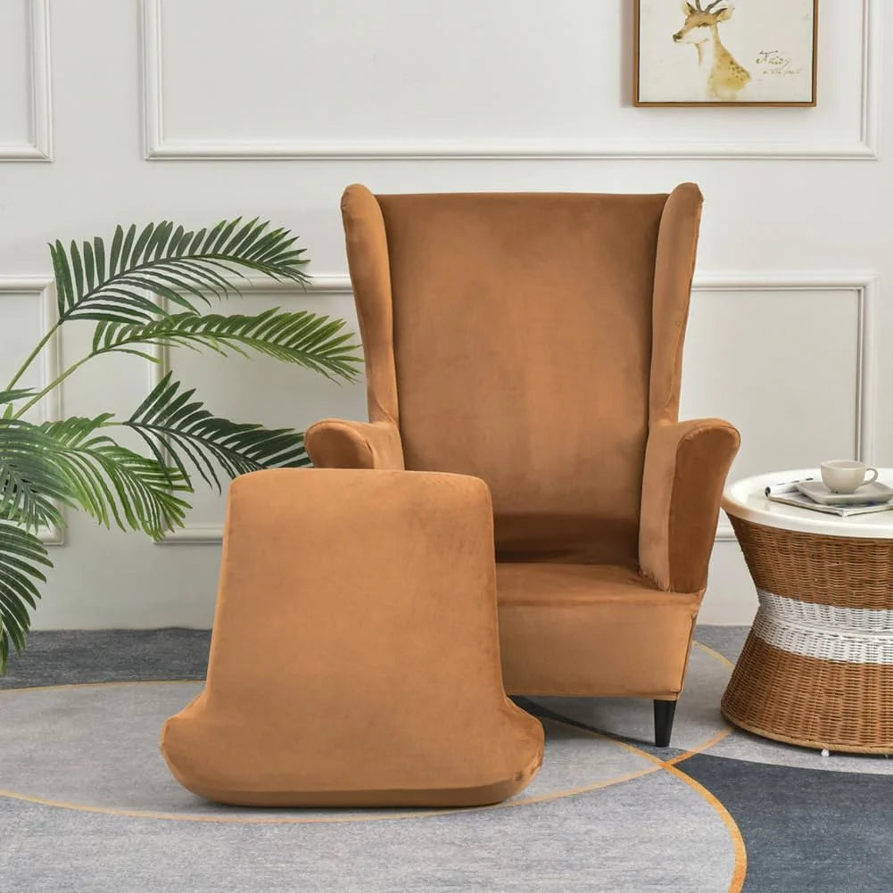 Camel Velvet Stretch Wingback Chair Sofa Slipcover with Elastic Bottom U795