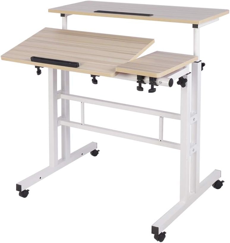 Adjustable Standing Desk with Mobile Cart Tray Maple I752
