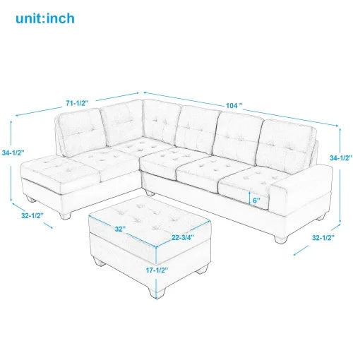 3 Piece Microfiber Sectional Sofa with Reversible Chaise Lounge Storage Ottoman and Cup Holders U2591