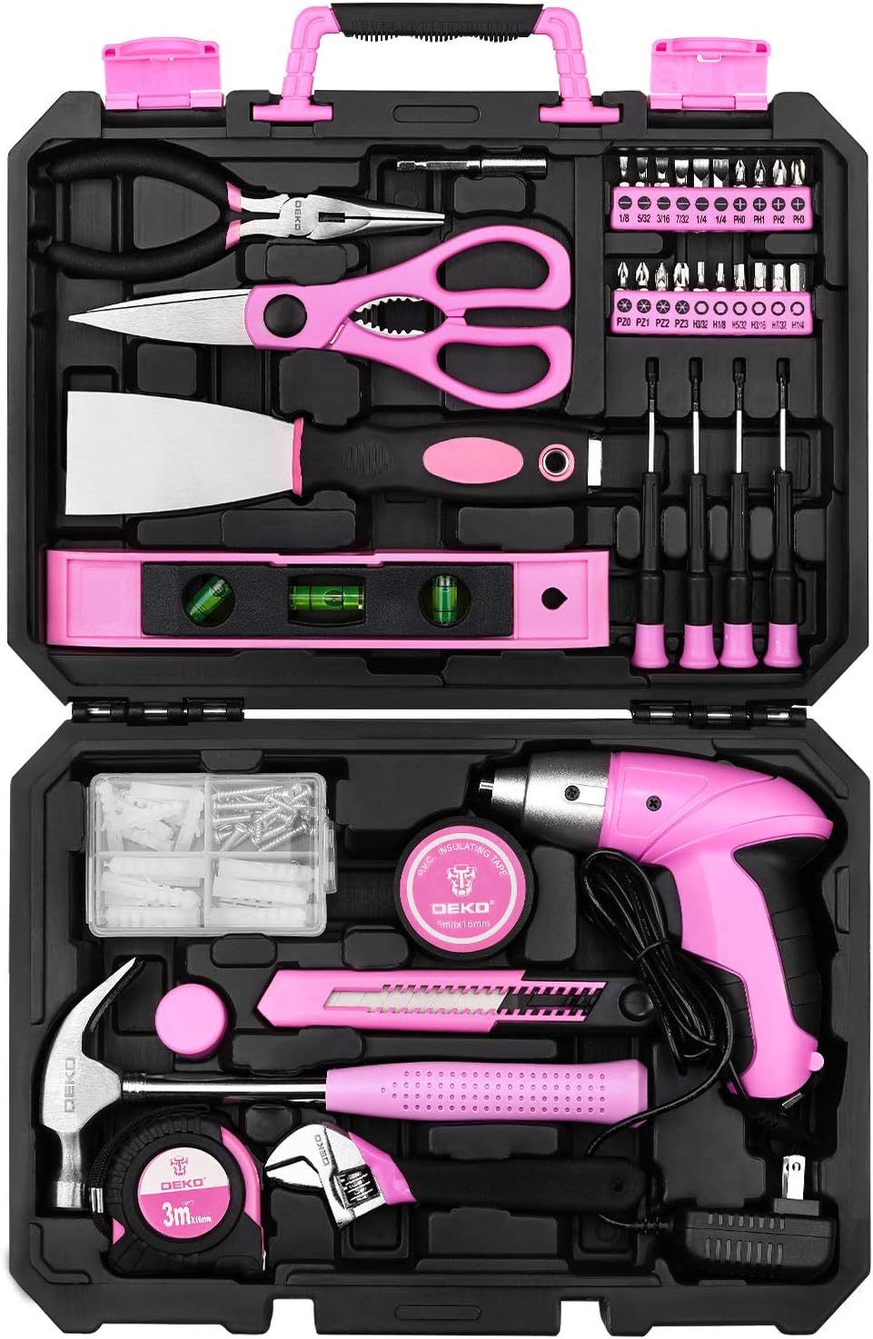 98 Piece Pink Hand Tool Set with Plastic Toolbox Storage Case U9122
