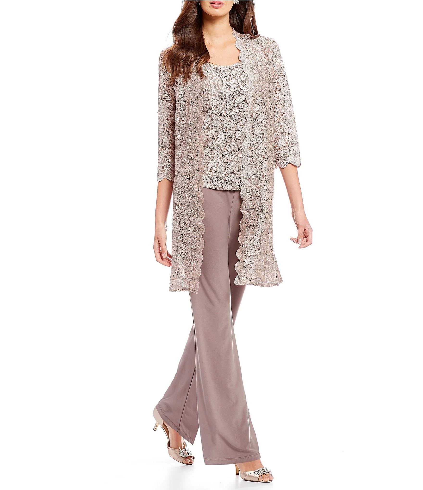 3-Piece Sequin Glitter Scallop Lace Duster Pant Set J37000