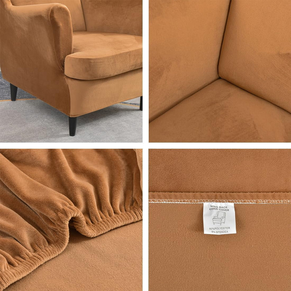 Camel Velvet Stretch Wingback Chair Sofa Slipcover with Elastic Bottom U795