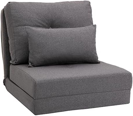 Convertible Flip Chair Floor Lazy Sofa Folding Upholstered Couch Bed with Adjustable Backrest Metal Frame and Pillows Dark Grey E81073