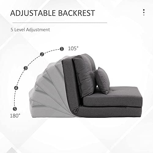 Convertible Flip Chair Floor Lazy Sofa Folding Upholstered Couch Bed with Adjustable Backrest Metal Frame and Pillows Dark Grey E81073