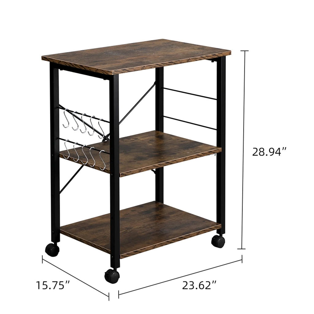 Rustic Brown 3 Tier Rolling Kitchen Cart with Storage Y9076
