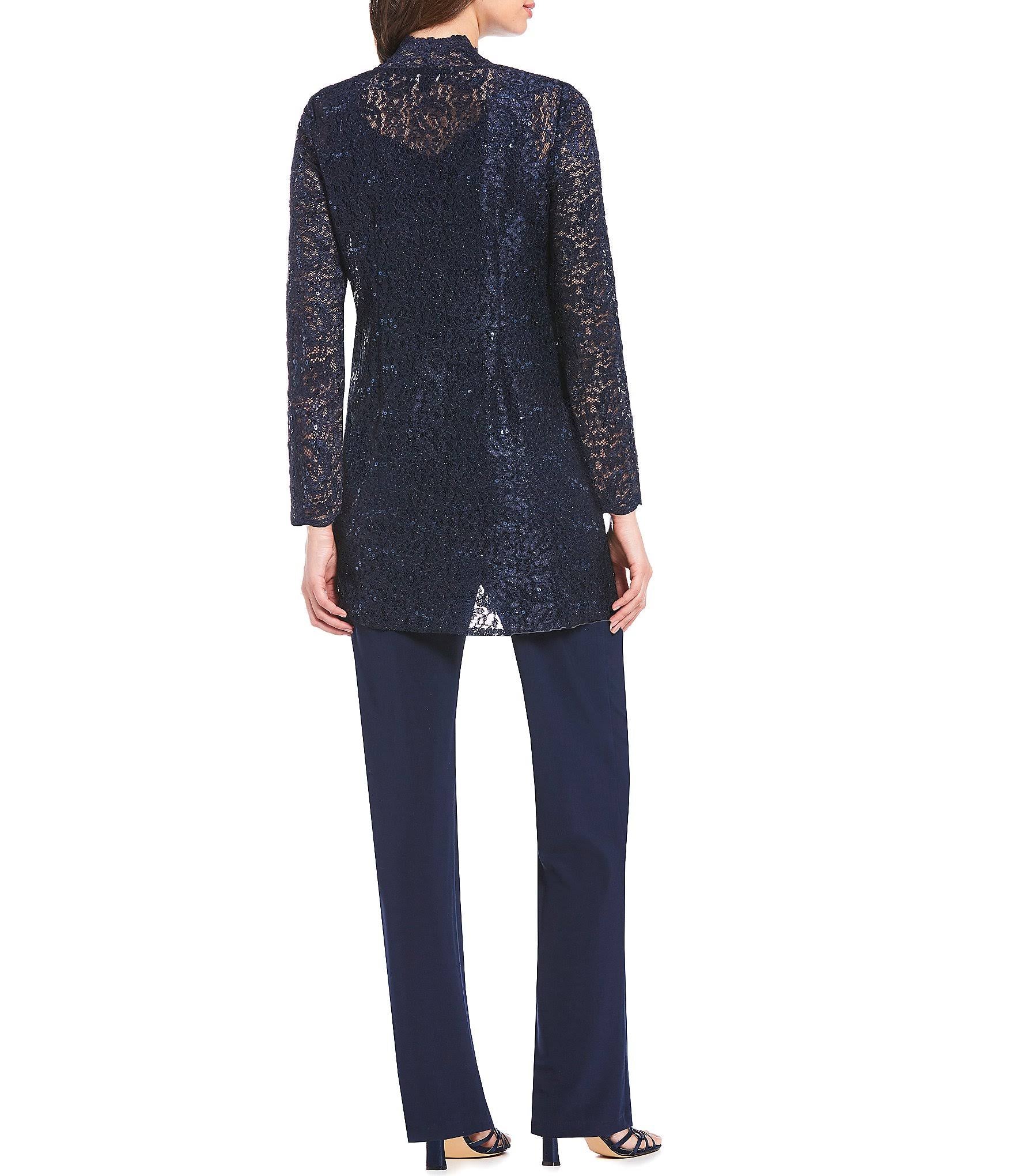 3-Piece Sequin Glitter Scallop Lace Duster Pant Set J37000