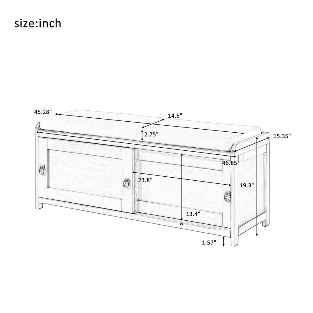 White Wood Storage Bench with 2 Cabinets I81808