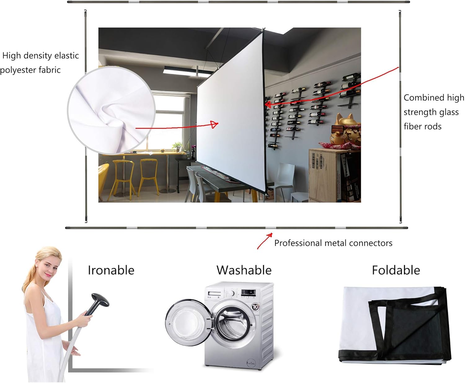 Foldable Projector Screen 100 inch 16:9 HD 4K Anti-Crease Black Backing Silver Portable Projection Screen Pack of 2 U314447
