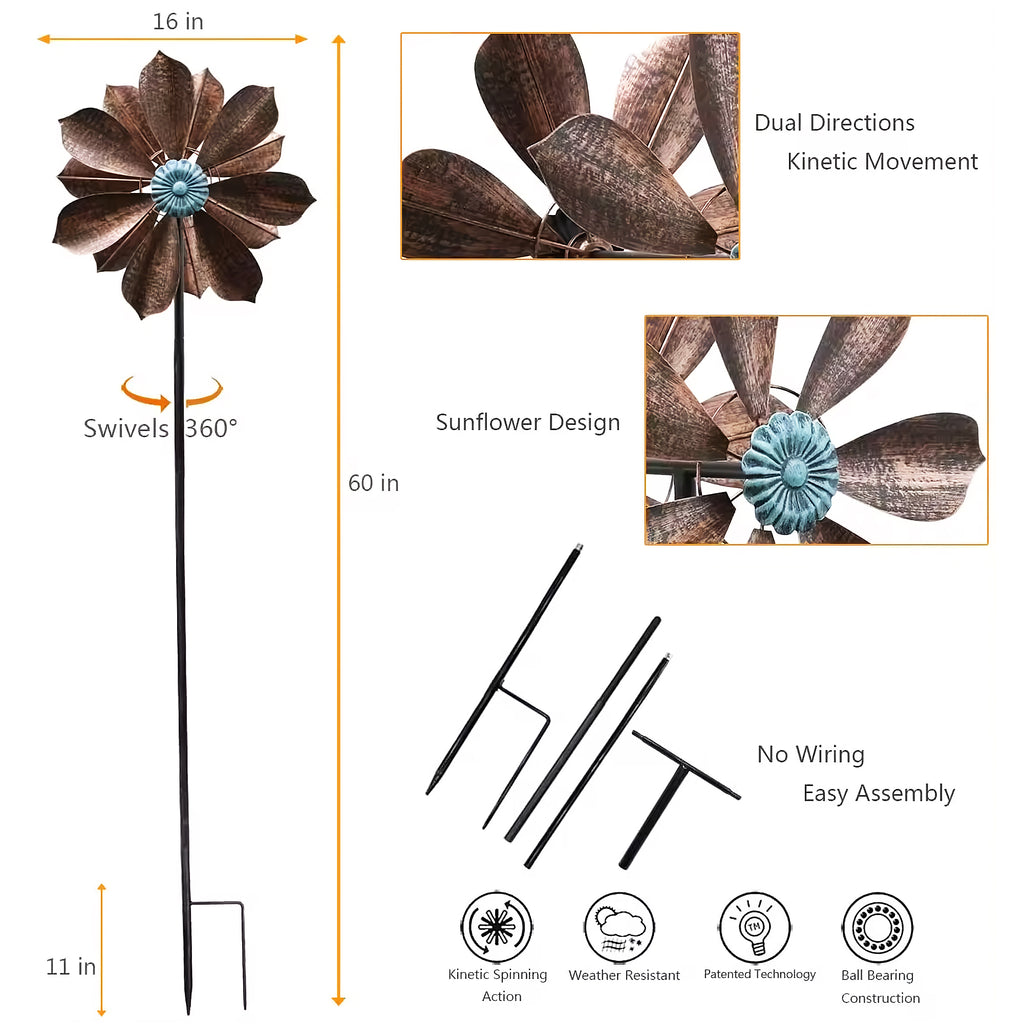60 inch Metal Wind Spinner with Bronze Leaves and Blue Flower Core O61637
