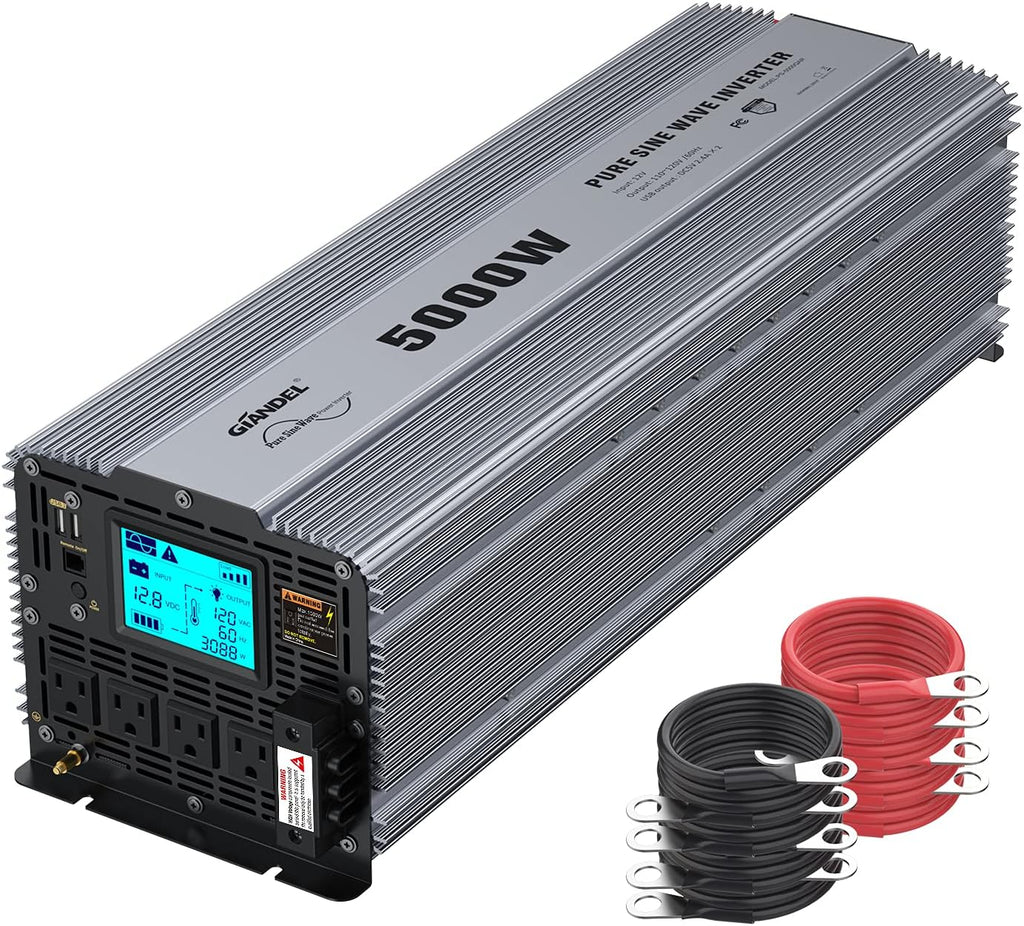 Pure Sine Wave Power Inverter 5000 Watt DC 12 Volt to AC 120 Volt with Hard Wire Terminals & LCD Display L52057