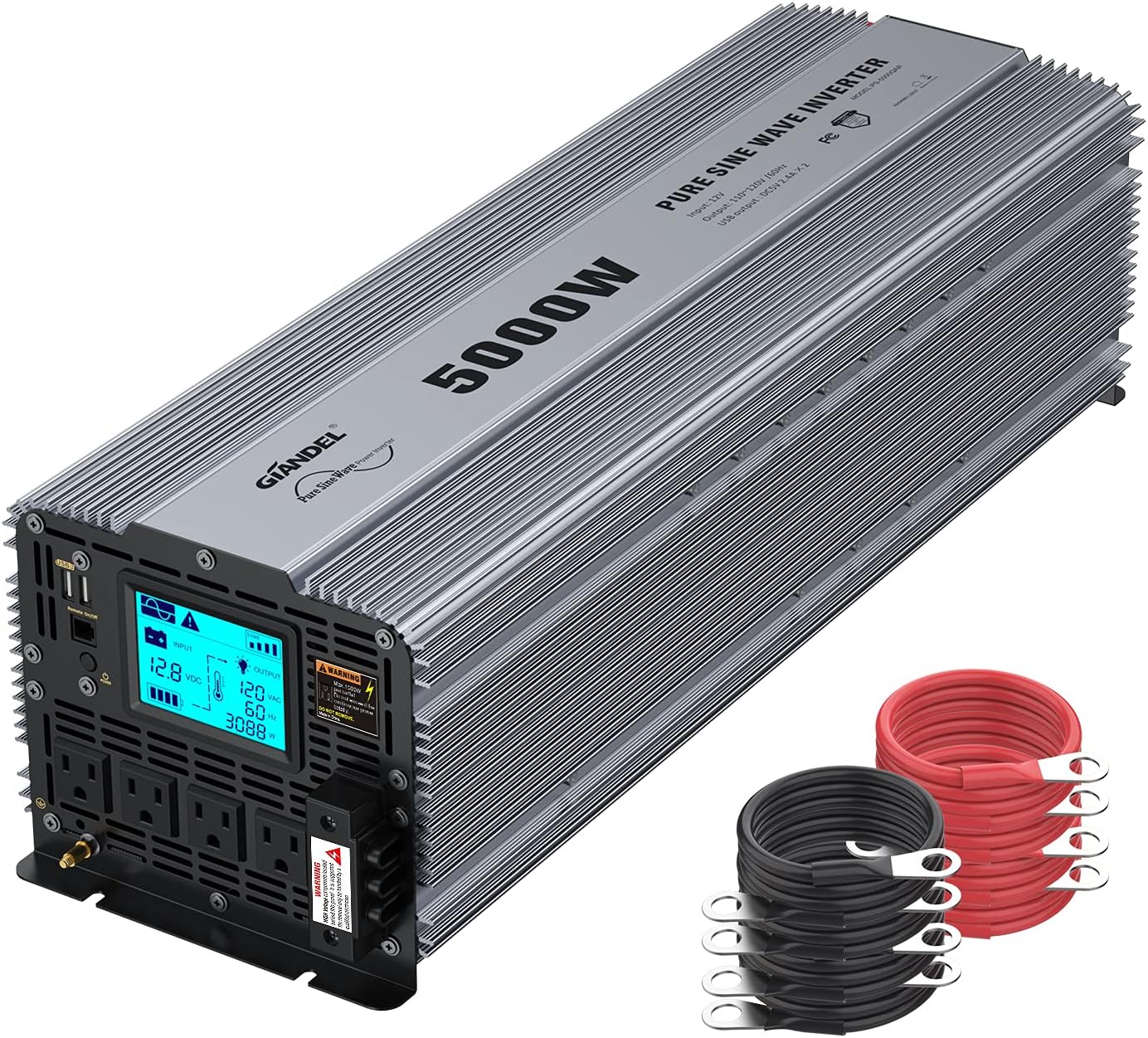 Pure Sine Wave Power Inverter 5000 Watt DC 12 Volt to AC 120 Volt with Hard Wire Terminals & LCD Display L52057