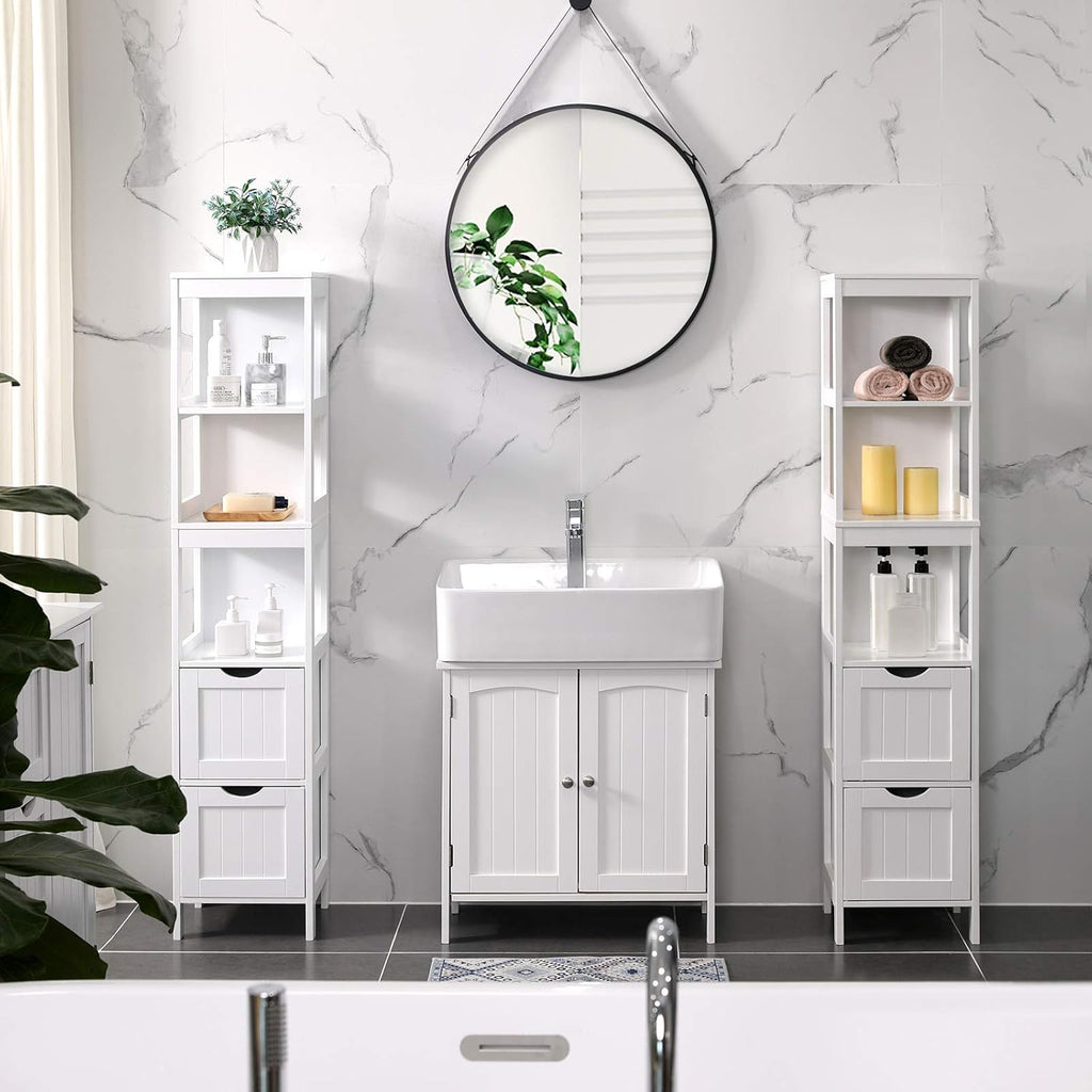 White Tall Cabinet with 2 Drawers and 3 Open Shelves A145