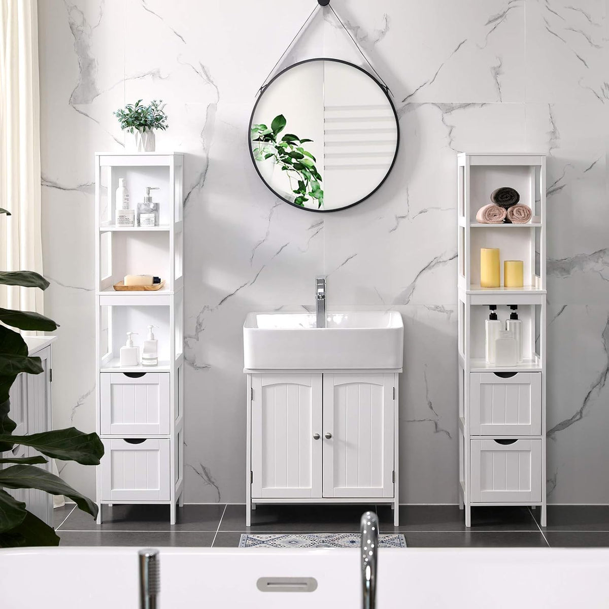 White Tall Cabinet with 2 Drawers and 3 Open Shelves A145