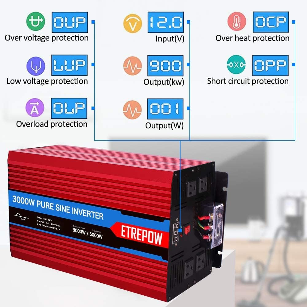 3000 Watt Pure Sine Wave Power Inverter 12V DC to 110V AC L7902