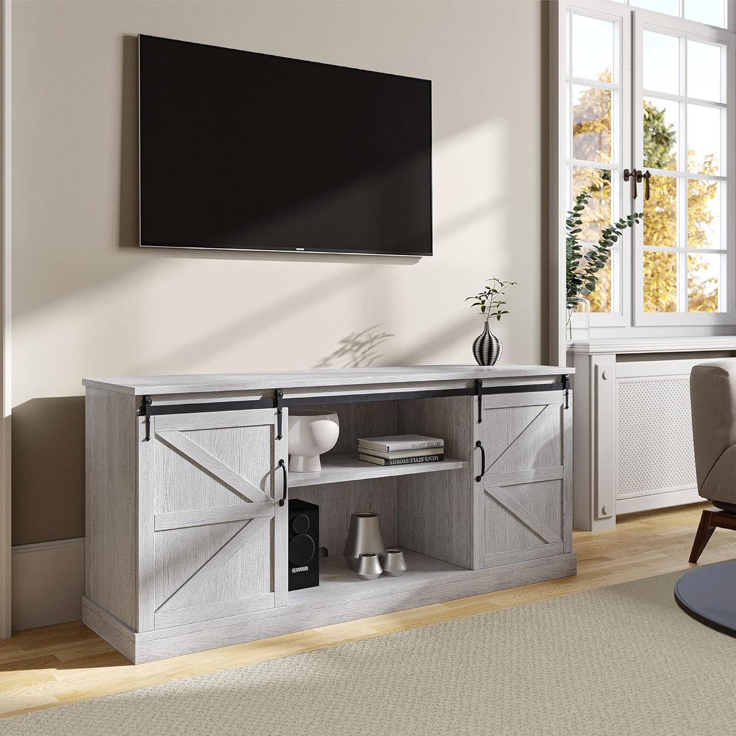 Stone Grey TV Stand with Sliding Barn Door and Storage Cabinets W98388
