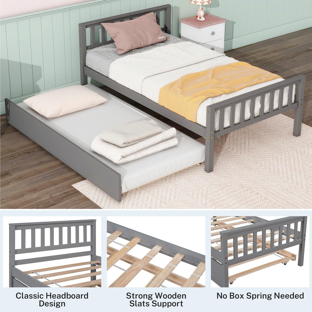 Gray Twin Size Wood Platform Bed with Trundle N3634