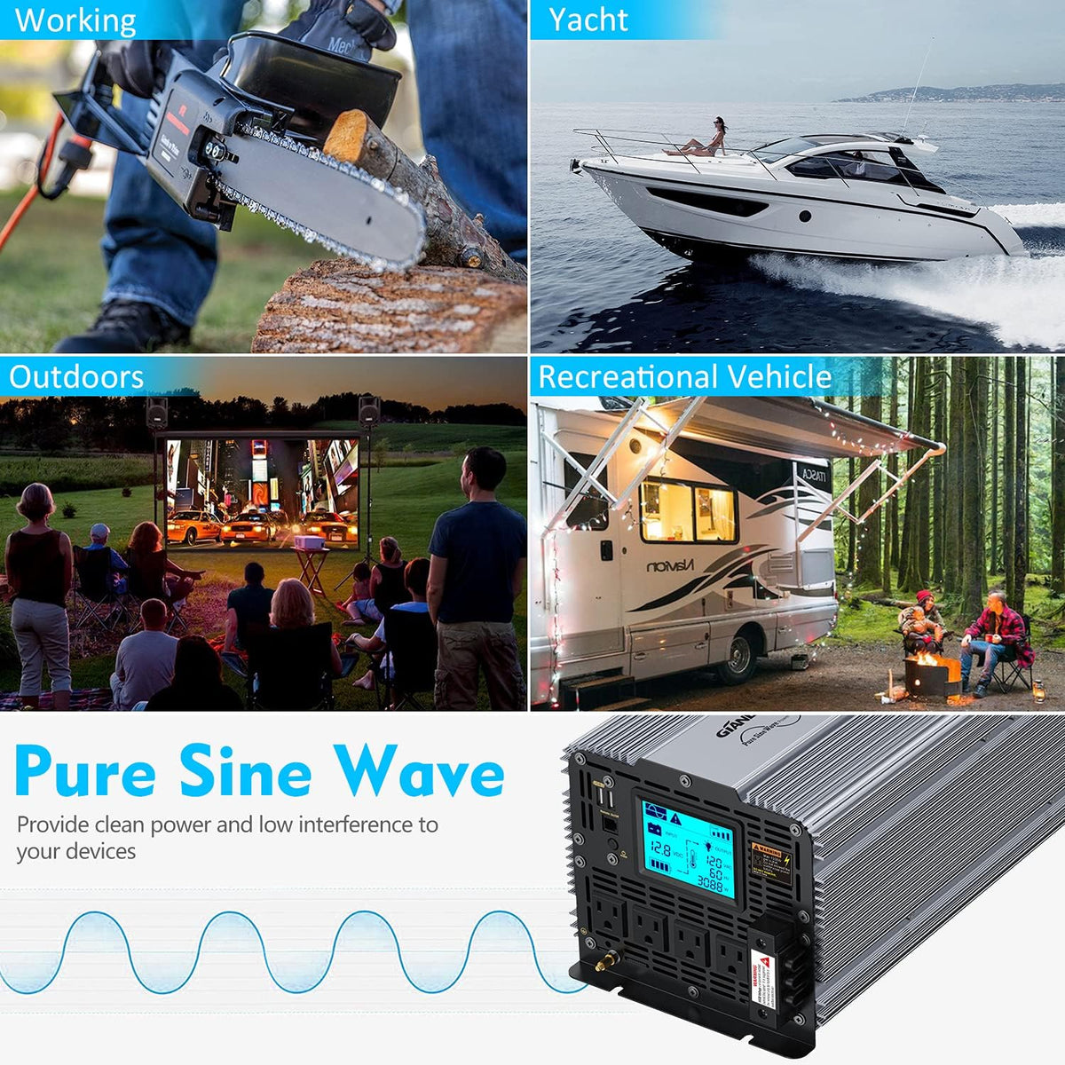 Pure Sine Wave Power Inverter 5000 Watt DC 12 Volt to AC 120 Volt with Hard Wire Terminals & LCD Display L52057