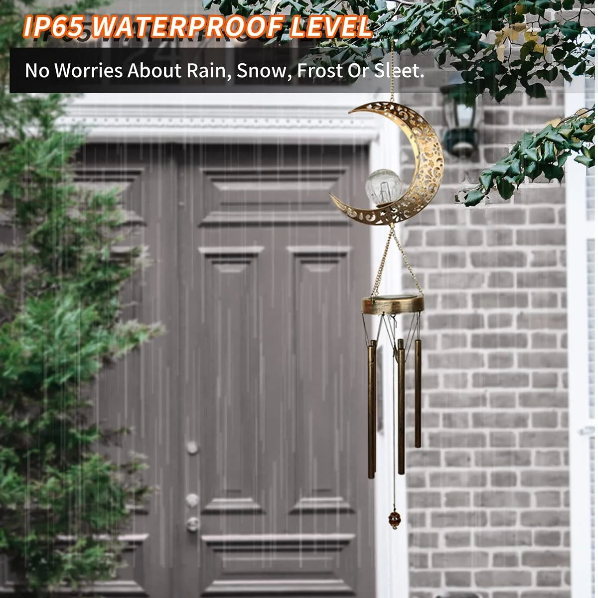 Retro Brass Metal Moon Crackle Glass Solar Wind Chimes LED Lights H85552
