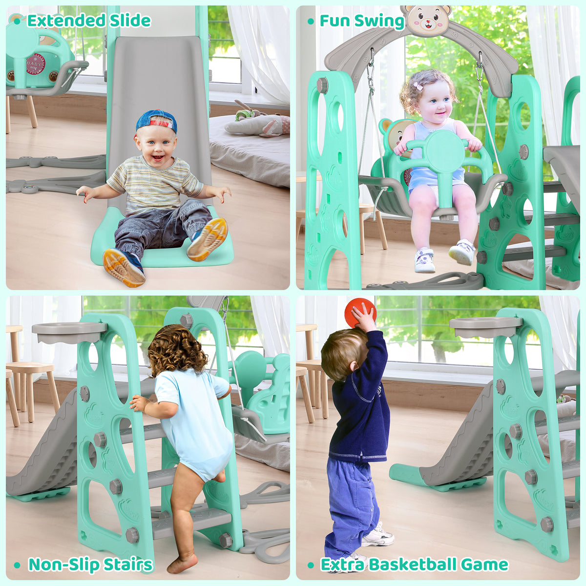4 in 1 Kids Slide and Swing Set Toddler Play Climber with Basketball Hoop Indoor Outdoor Playground Q574999