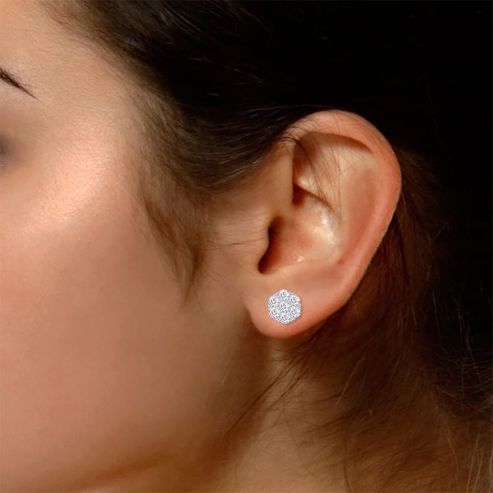 1 Carat Round Cut Lab Created Moissanite Flower Cluster Stud Earrings In 14K White Gold Over Sterling Silver With Screw Back K437665