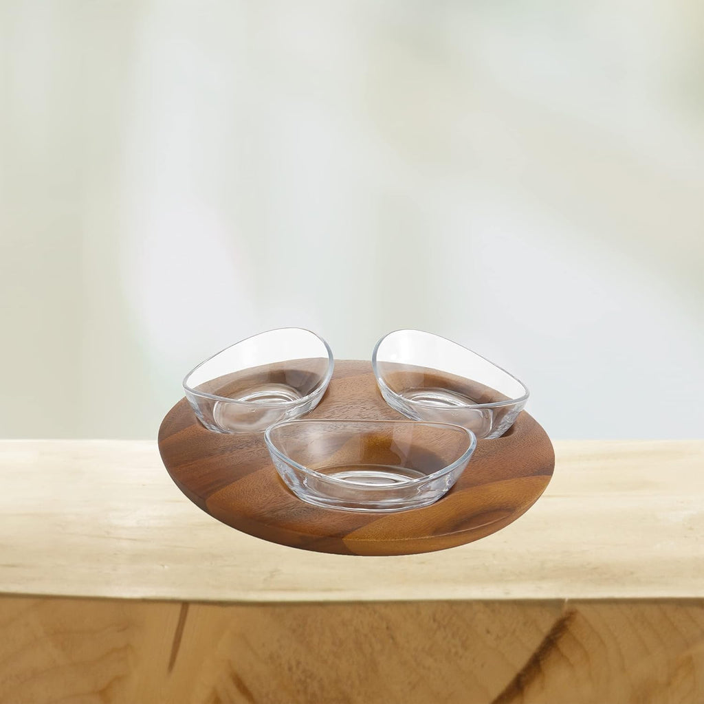 3 Piece Acacia Wood and Glass Condiment Server Y40697