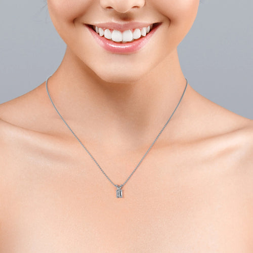 1 Carat Emerald Cut Moissanite Pendant Necklace In 18K White Gold Plating Over Silver N821