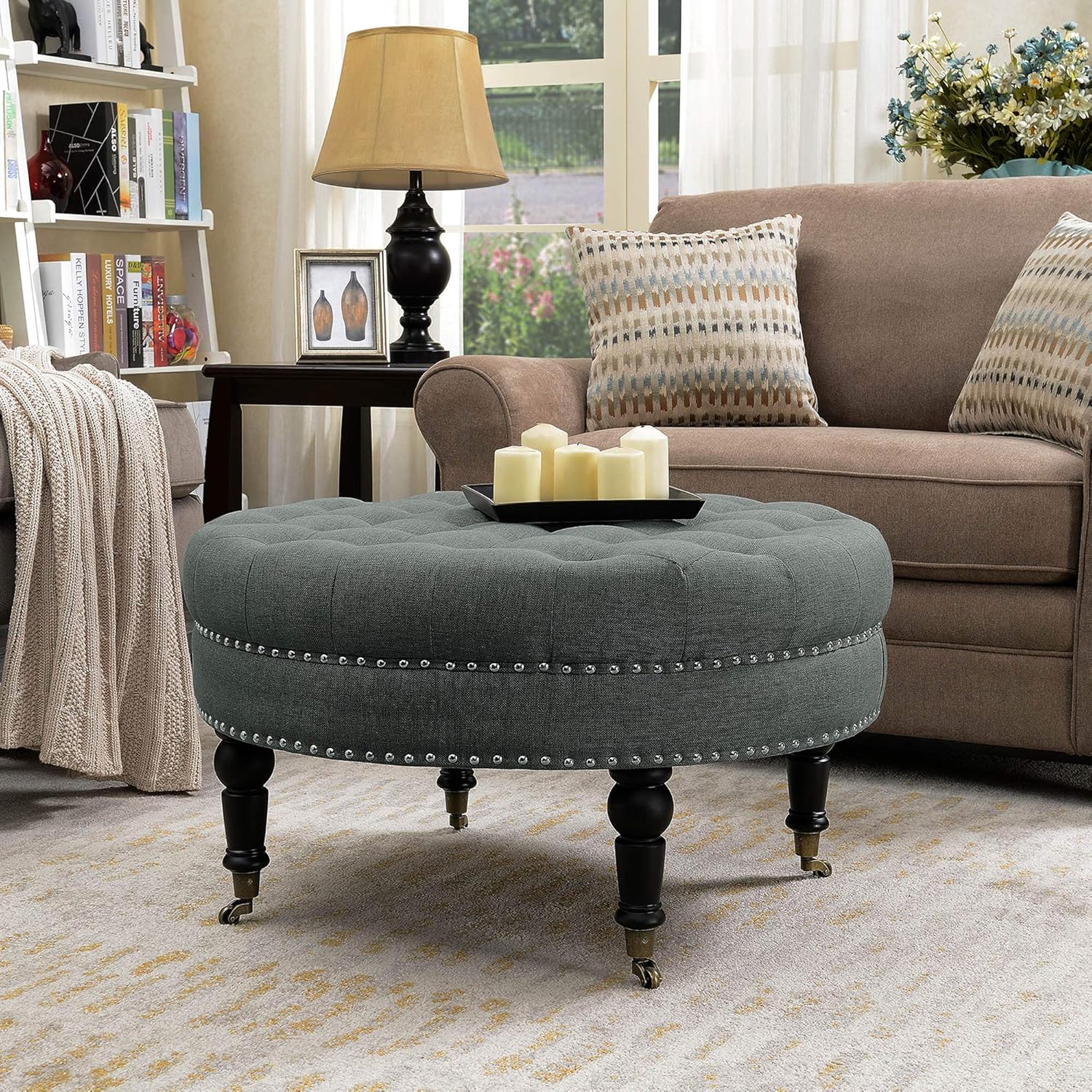 White Linen Ottoman with Caster Wheels O5840