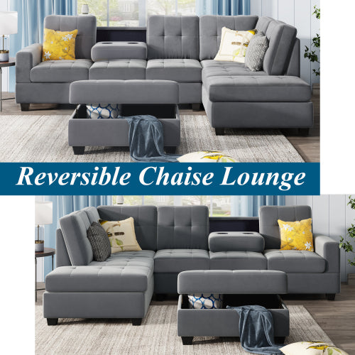 3 Piece Microfiber Sectional Sofa with Reversible Chaise Lounge Storage Ottoman and Cup Holders U2591