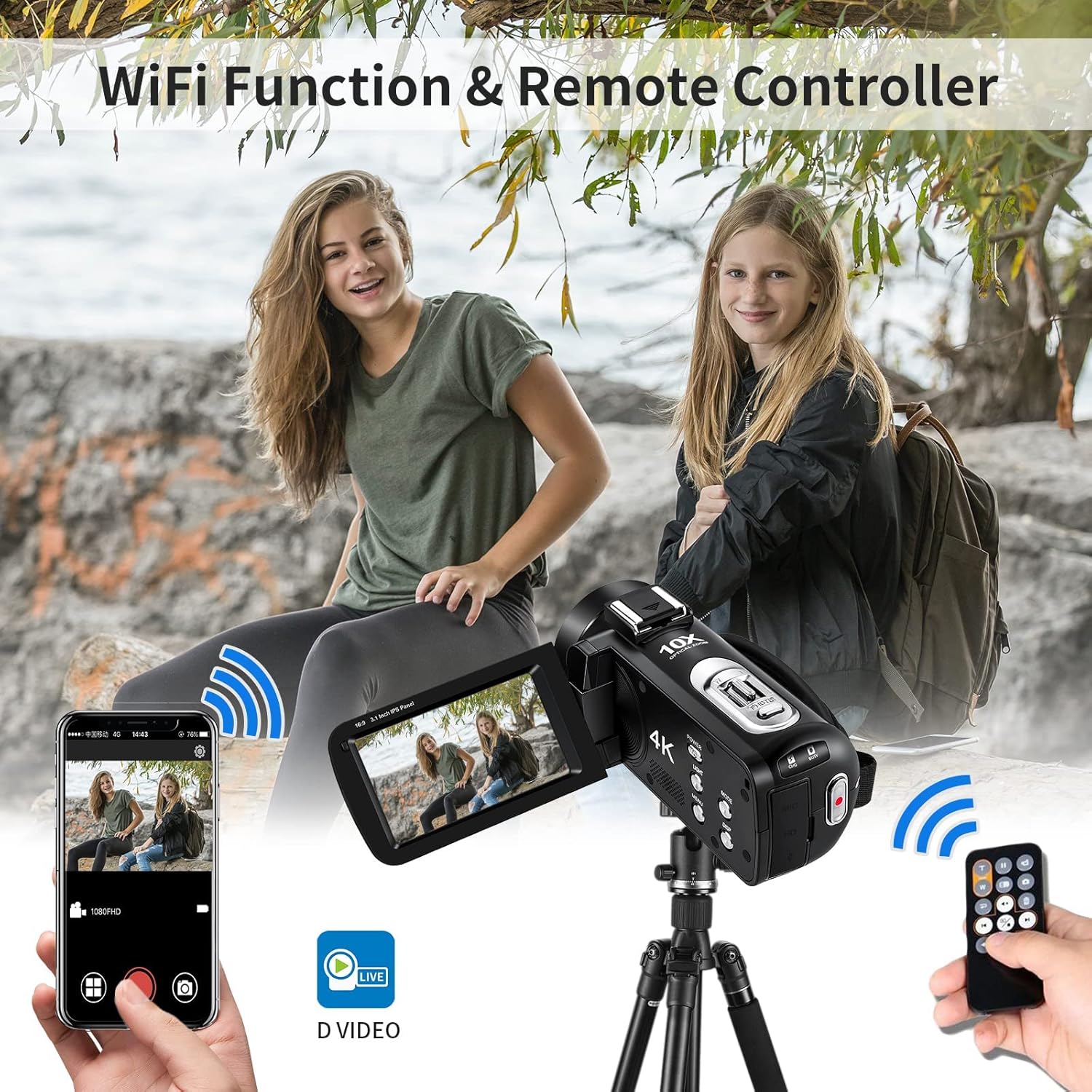 4K Camcorder 10X Optical Zoom WiFi Video Camera 120X Zoom Digital Camera 3.1 IPS Touch Screen C708653