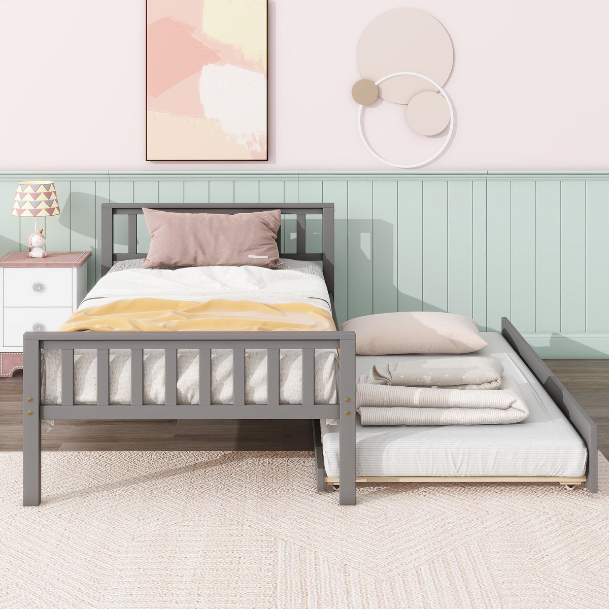 Gray Twin Size Wood Platform Bed with Trundle N3634