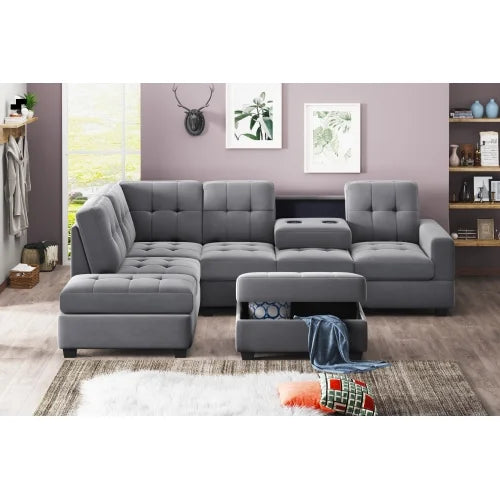 3 Piece Microfiber Sectional Sofa with Reversible Chaise Lounge Storage Ottoman and Cup Holders U2591