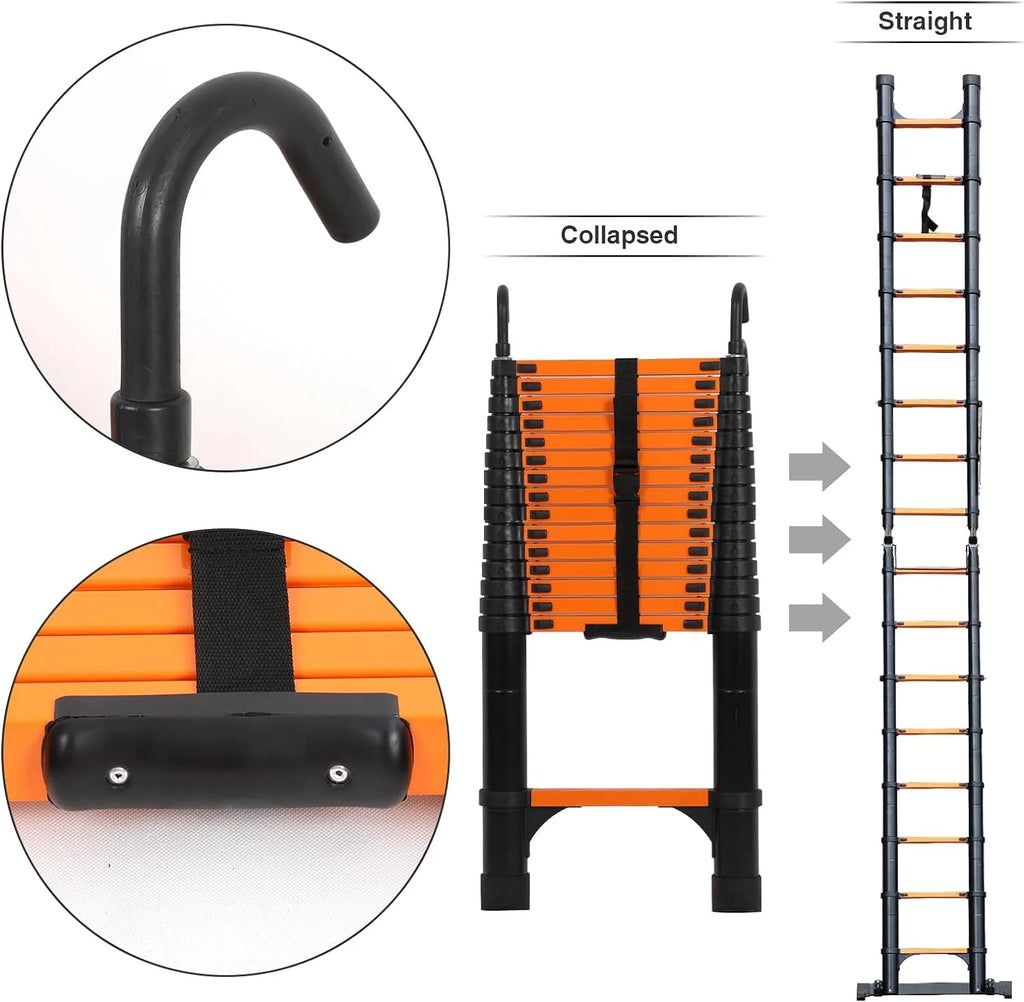 Telescoping Ladder 10.5 FT Aluminum with 2 Detachable Roof Hooks and 2 Triangle Stabilizers R80278